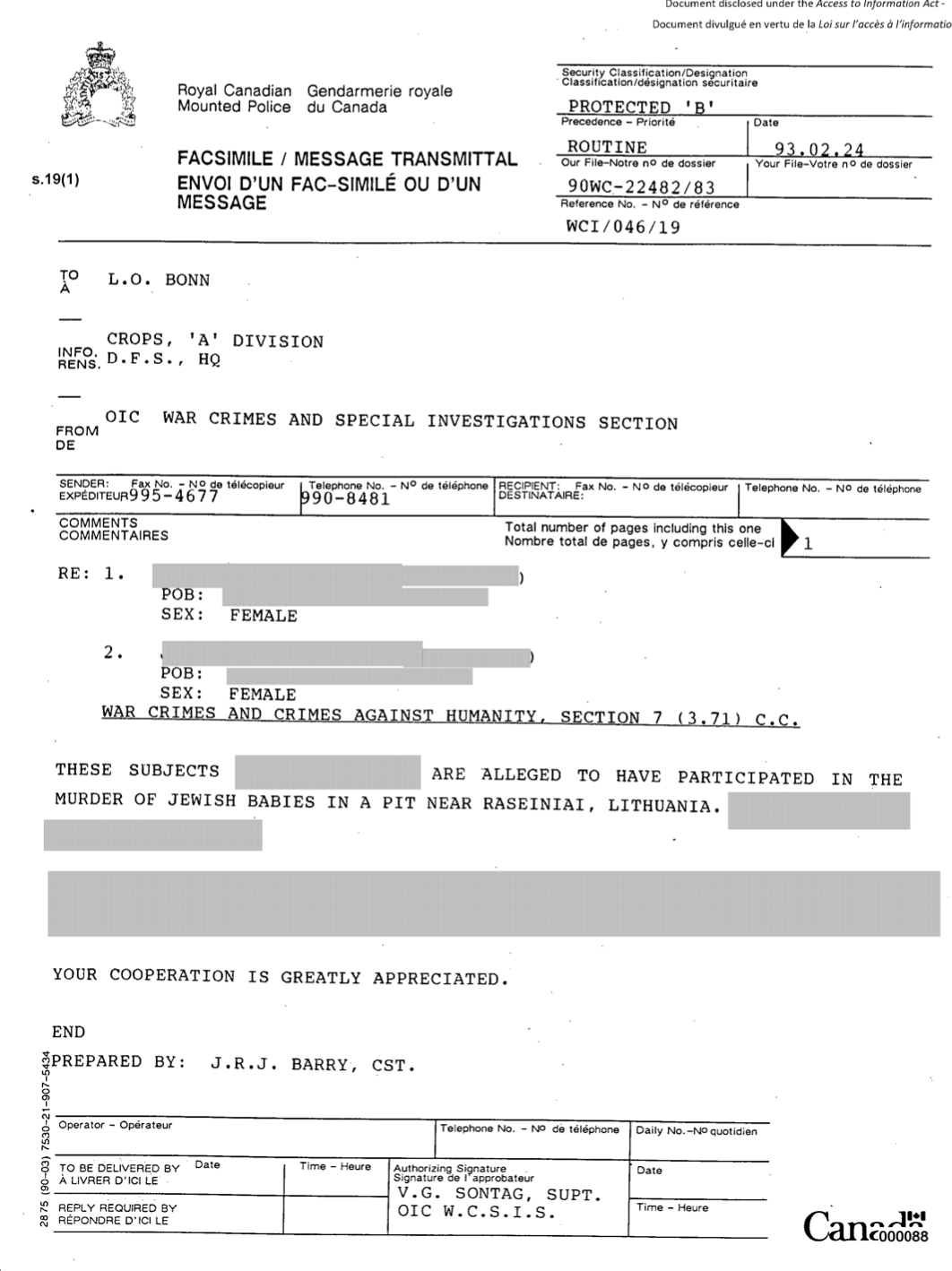 Page from RCMP war crimes investigation into 2 women with same name as alleged Nazi ‘baby smasher.’